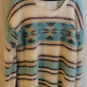 Xhilaration Fuzzy Striped Sweater - Cream and Blue